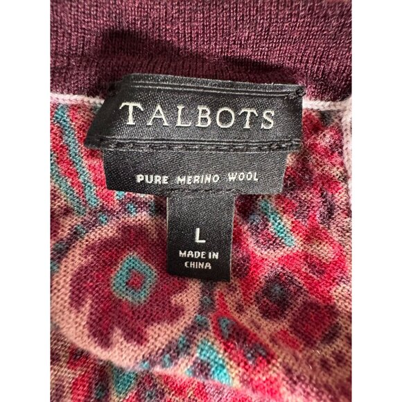 Talbots Womens L Red Multicolor Paisley Print Merino Wool Sweater Made In China - Picture 6 of 16